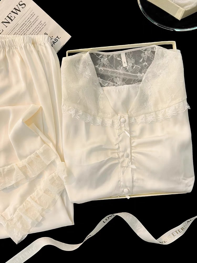Pijama lụa dài phối ren vai