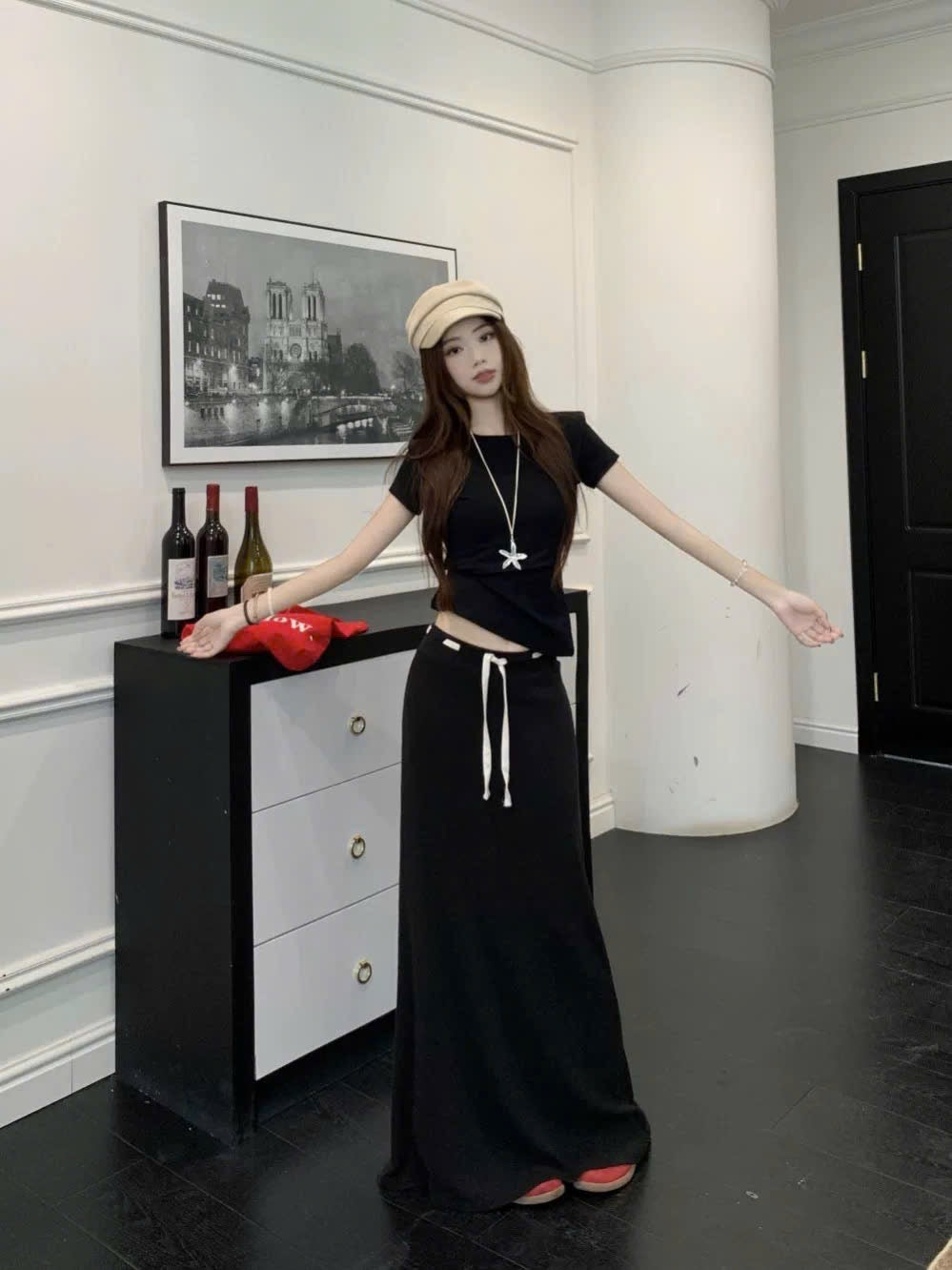 Set áo phông tay ngắn cổ tròn phối chân váy thun midi dây rút eo