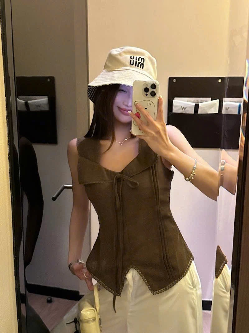 Set áo 2 dây thắt nơ viền ren xinh xắn mix quần ống rộng