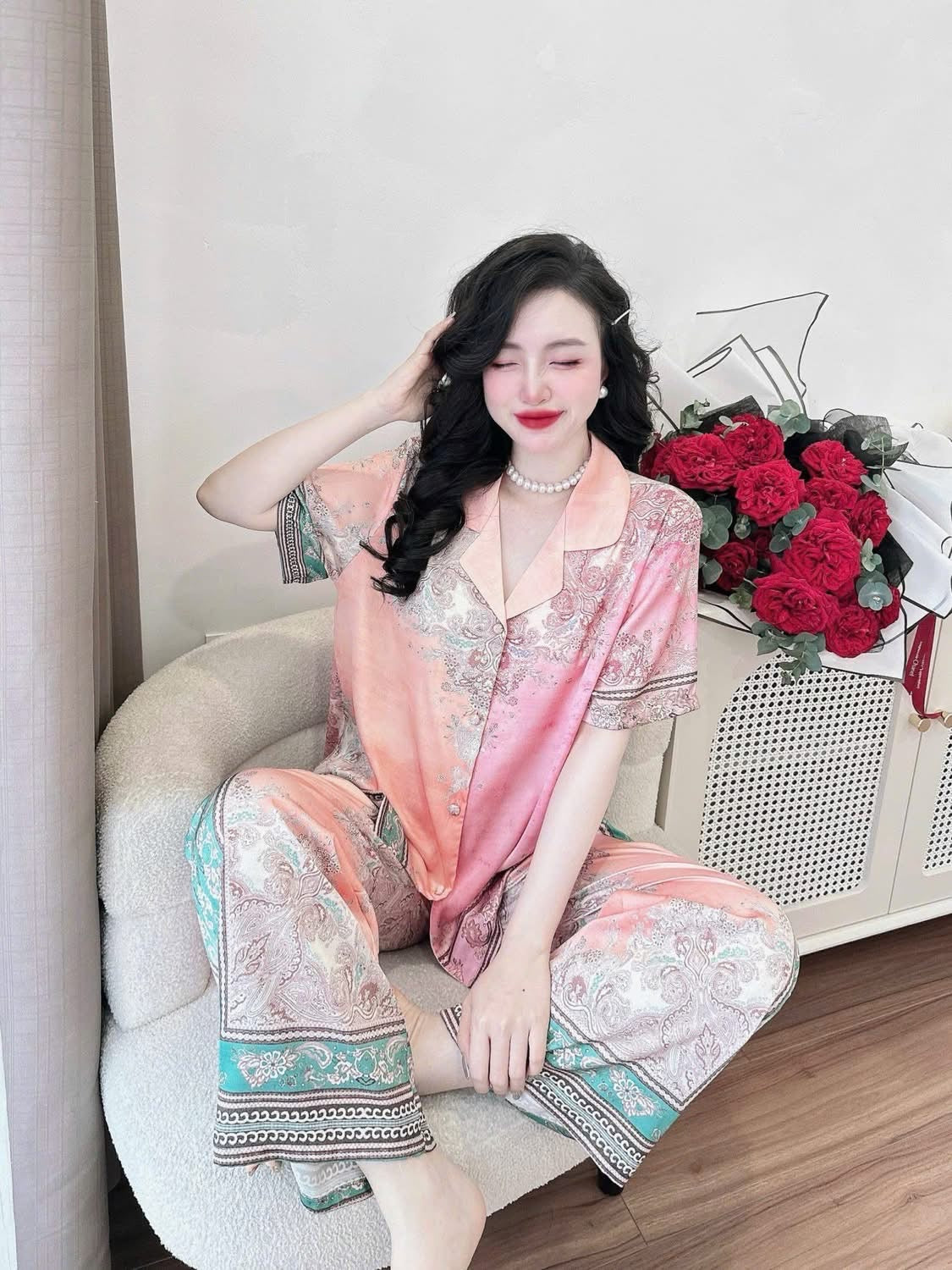 Pijama lụa latin tay ngắn quần dài