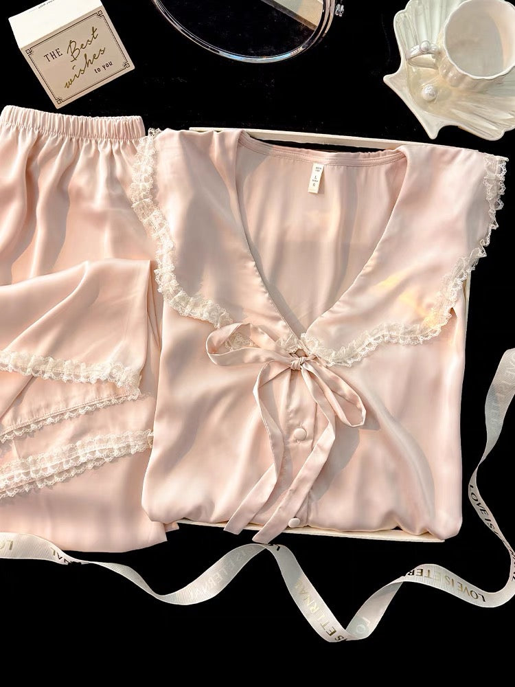 Pijama dài hồng cột nơ tiểu thư