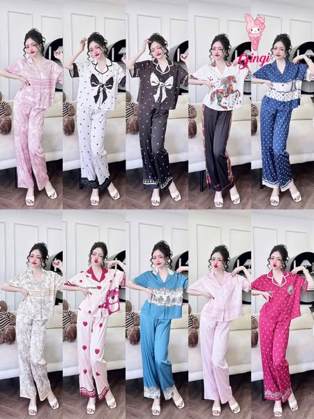 Pijama Tay Ngắn Quần Dài Raglan Nút Bọc