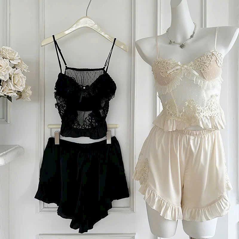 Đồ Ngủ 2 Dây Quần Đùi Sexy Phối Voan