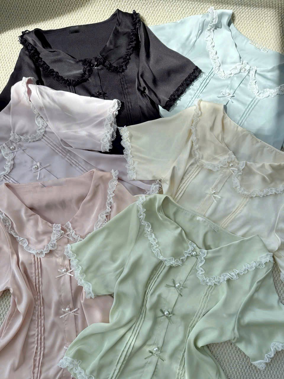 Pijama tay ngắn quần dài phối ren nơ tiểu thư 6 màu