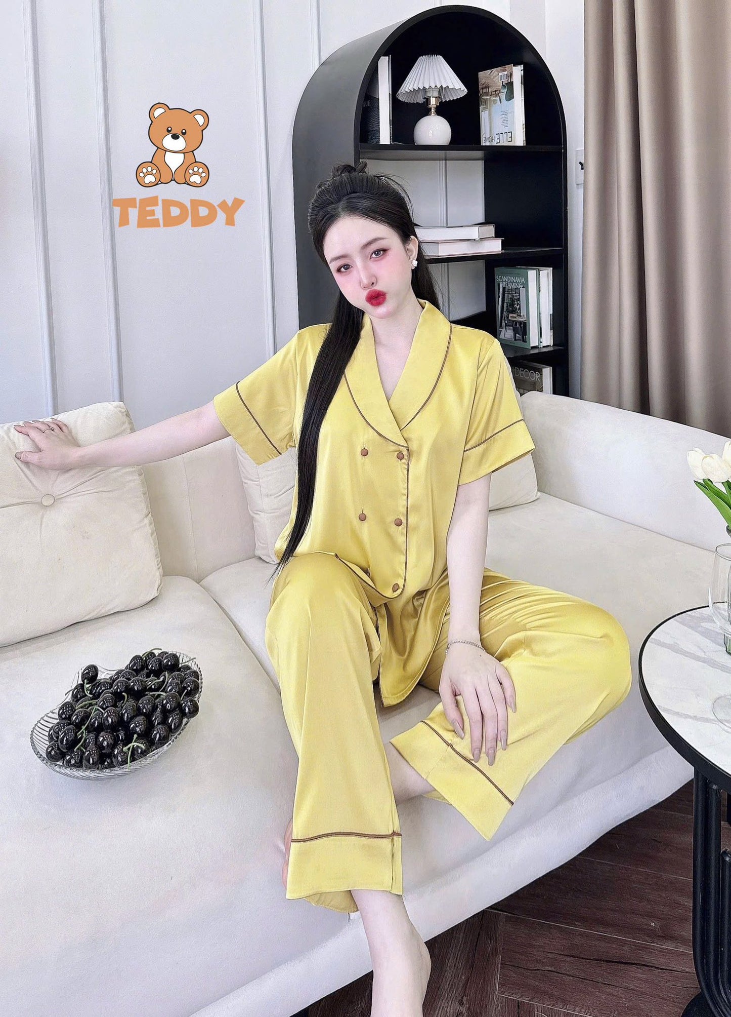 Pijama tay ngắn quần dài Teddy trơn cao cấp