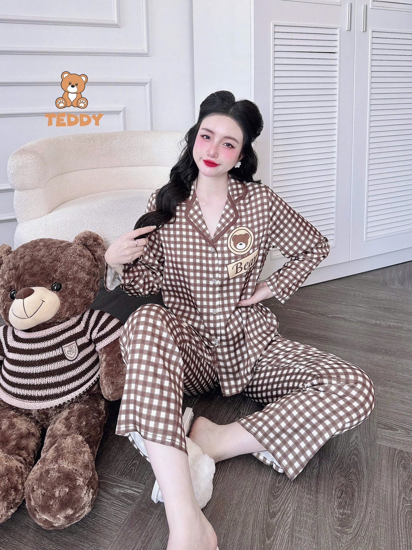 Pijama dài Teddy truyền thống caro, kẻ sọc hoạt hình