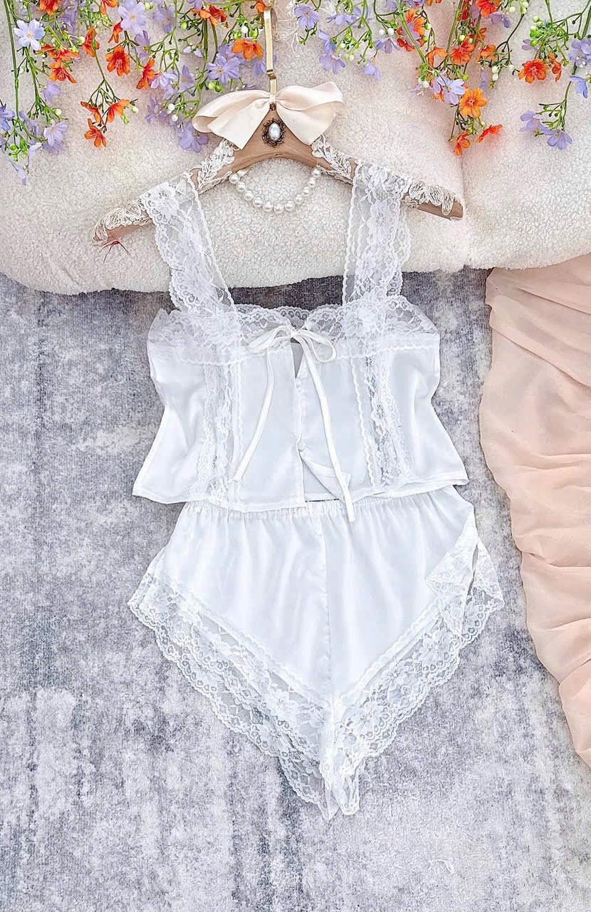 Bộ ngủ 2 dây lụa phối ren quần đùi tam giác nhiều màu