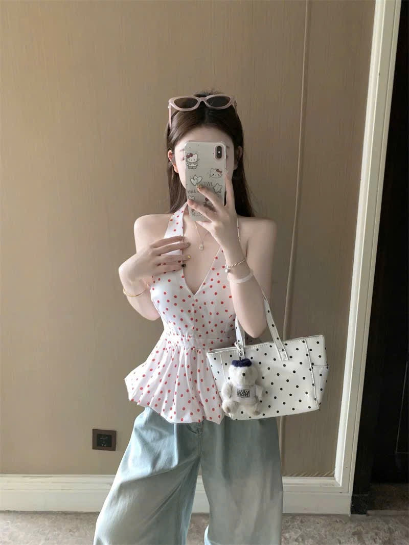 Áo cổ yếm chấm bi xoè