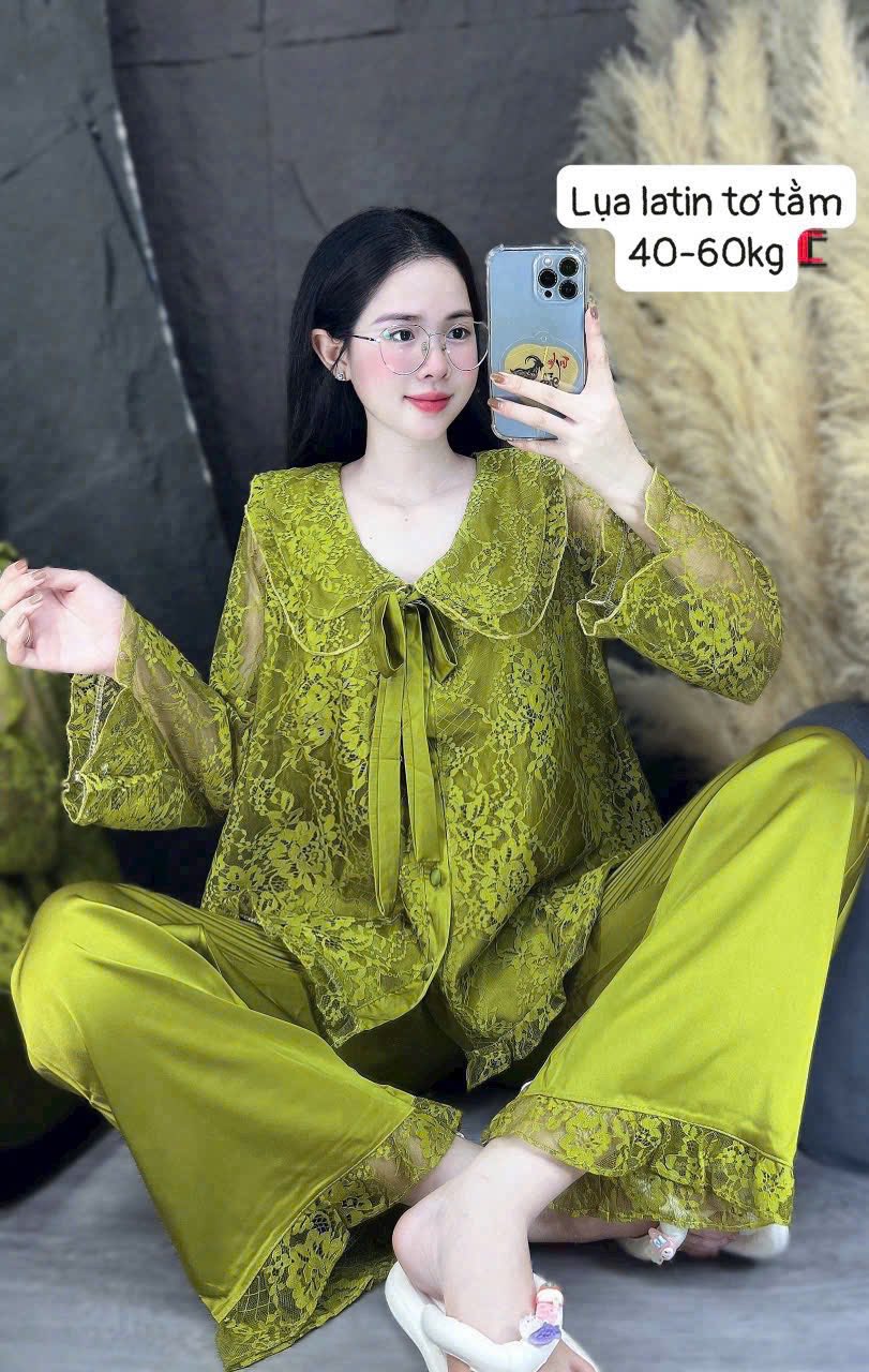 Pijama trơn ren lụa latin tơ tầm