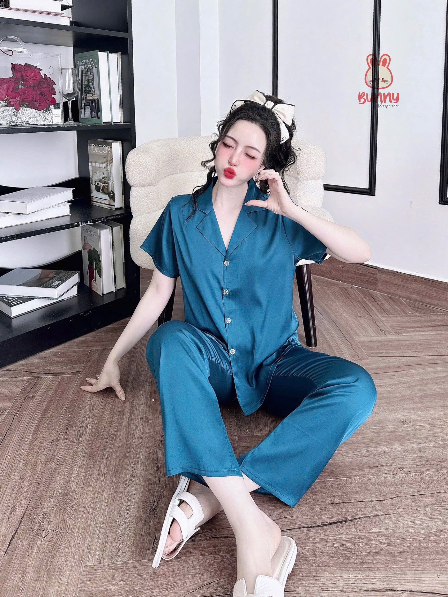 Bộ ngủ trơn bunny cổ vuông sang trọng màu cute