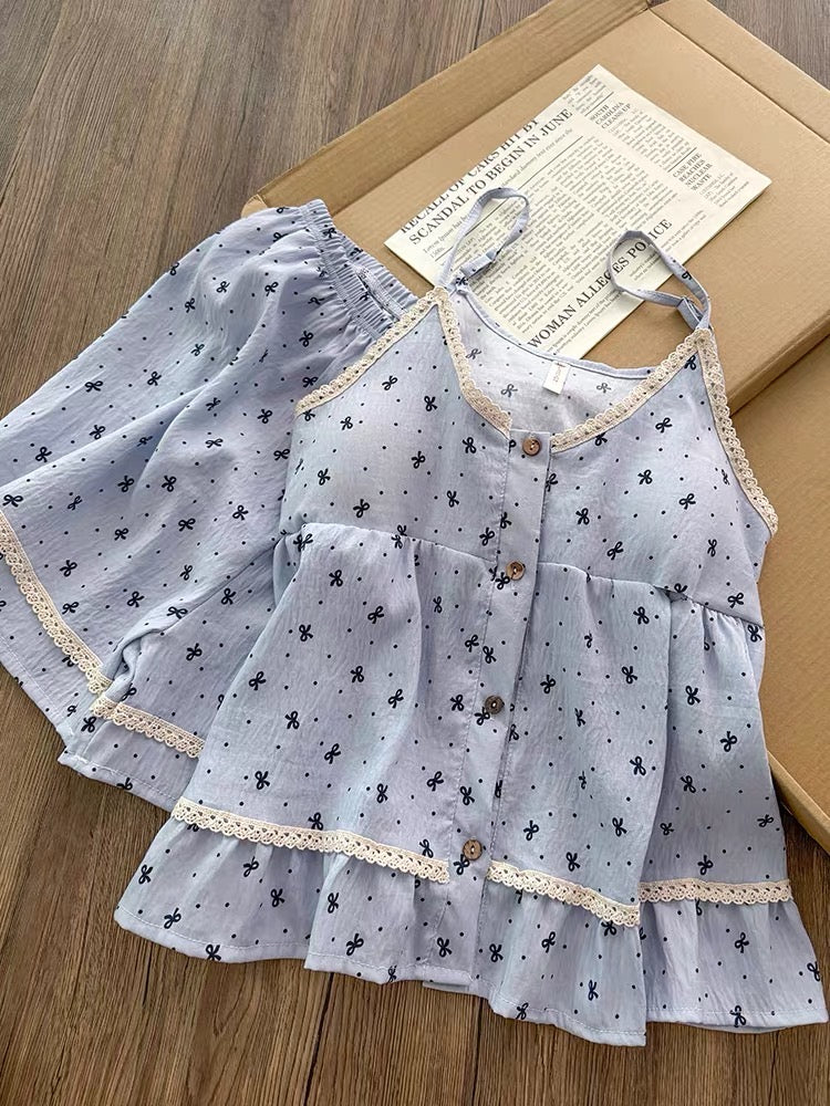 Bộ ngủ 2 dây nơ xanh dương mút lót
