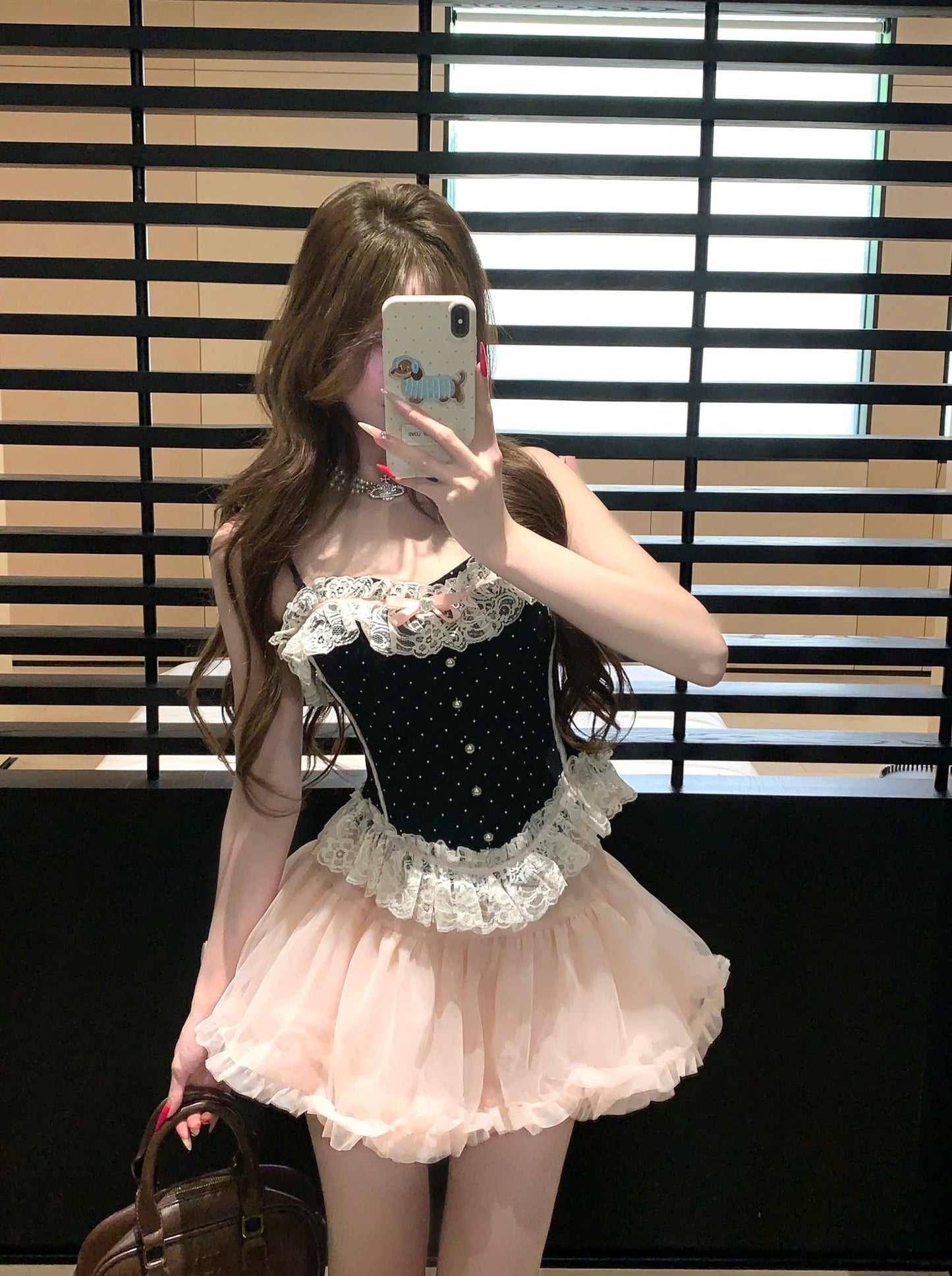 Set áo corset chấm bi mix váy voan xòe bồng nhẹ
