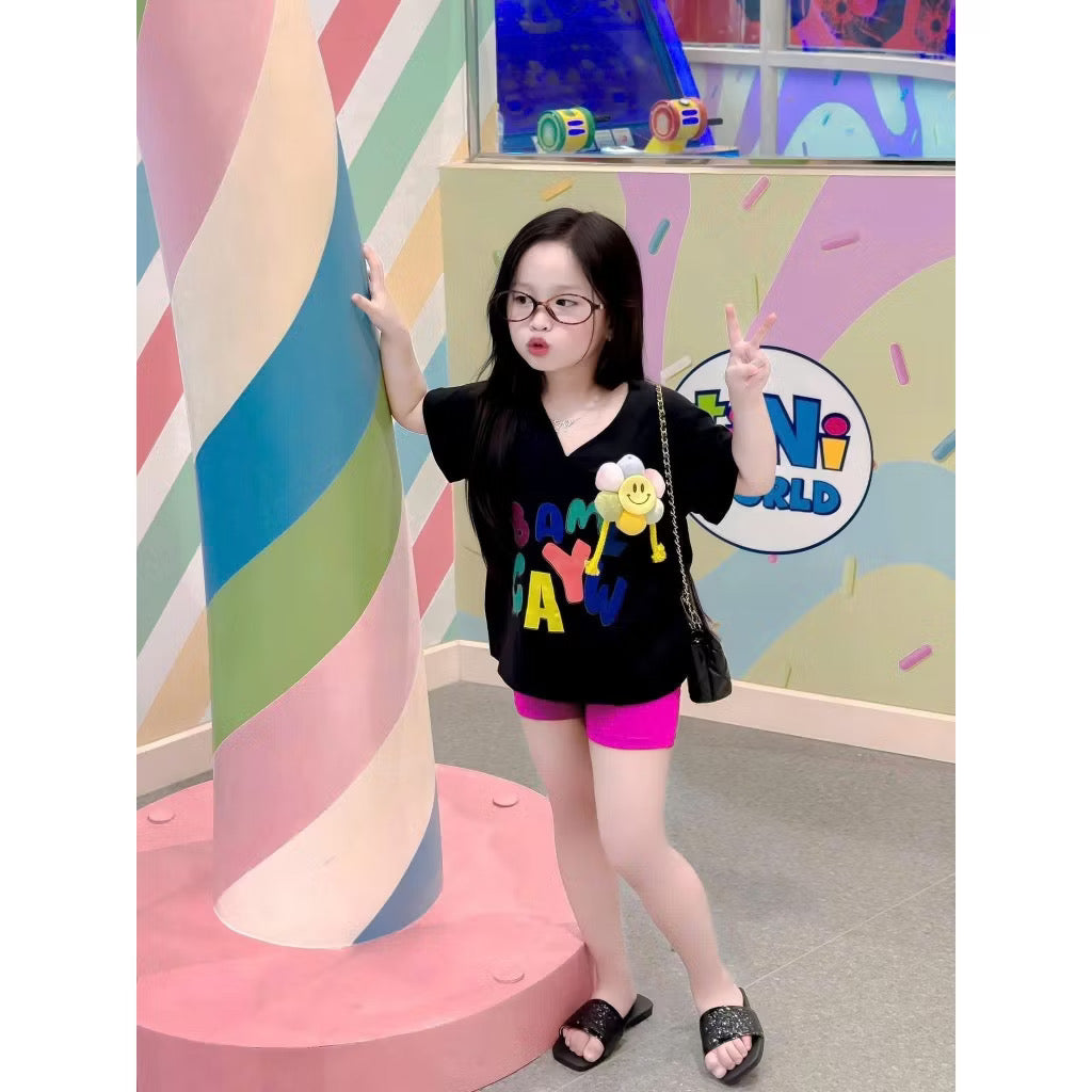 Set áo phông cổ tim quần legging cho bé gái