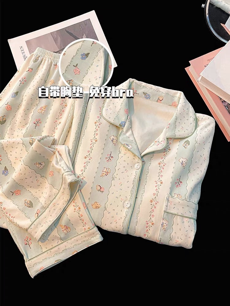 Pijama dài cotton sọc xanh thỏ hoa