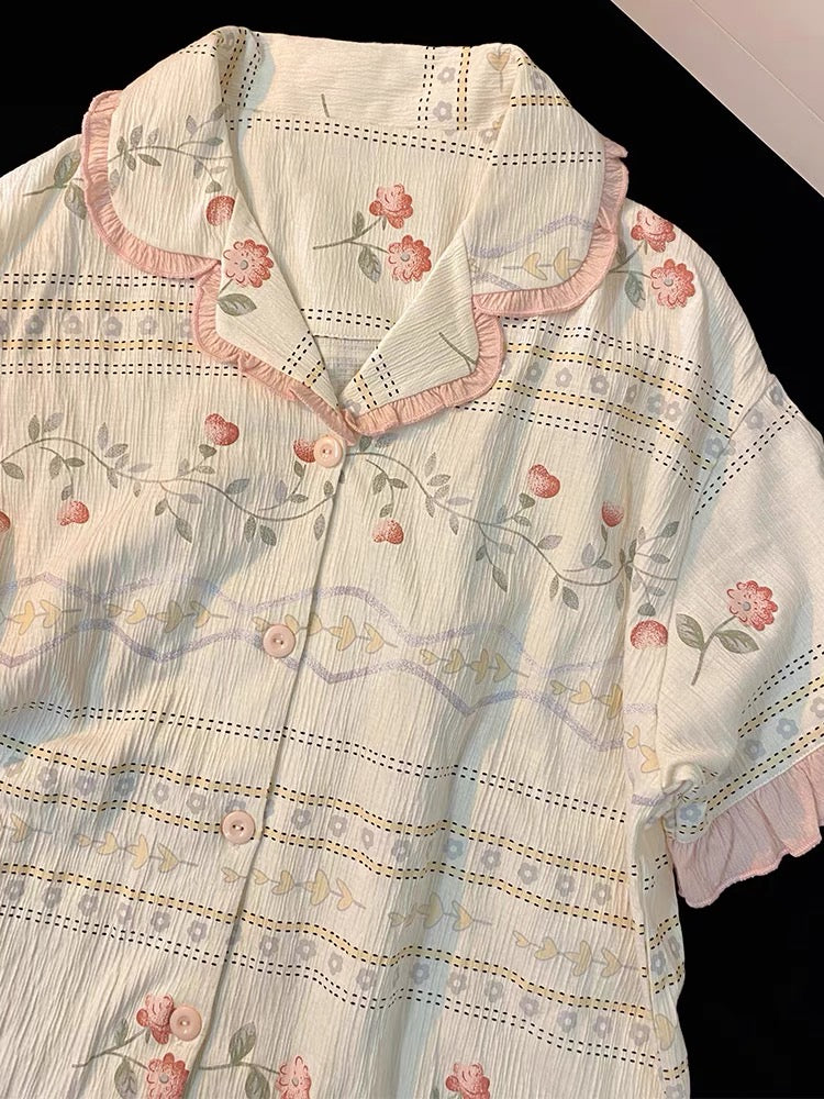 Pijama ngắn cotton hồng hoạ tiết hoa