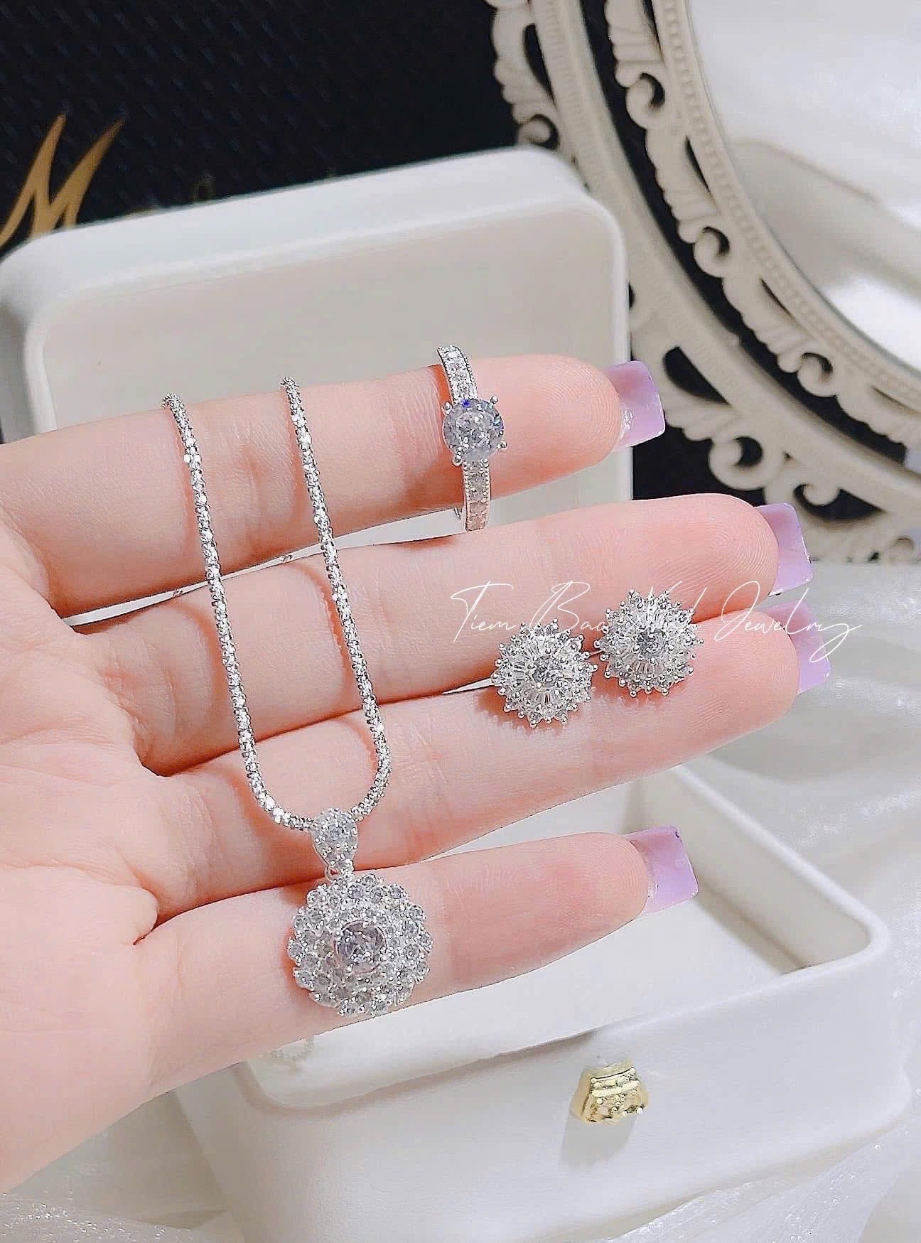 Bộ trang sức bạc nhẫn - dây chuyền - khuyên tai