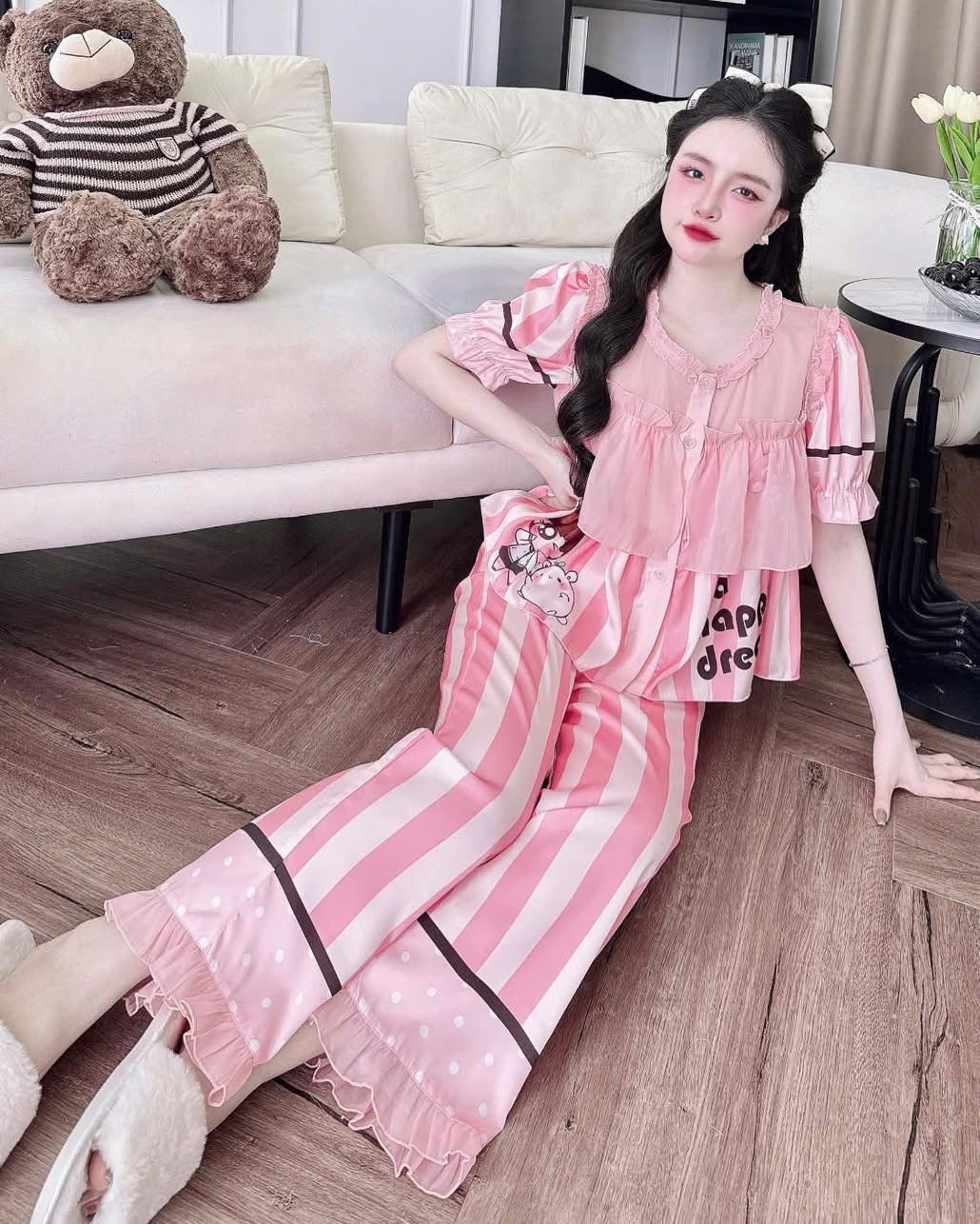 Bộ tay ngắn quần dài tiểu thư phối voán