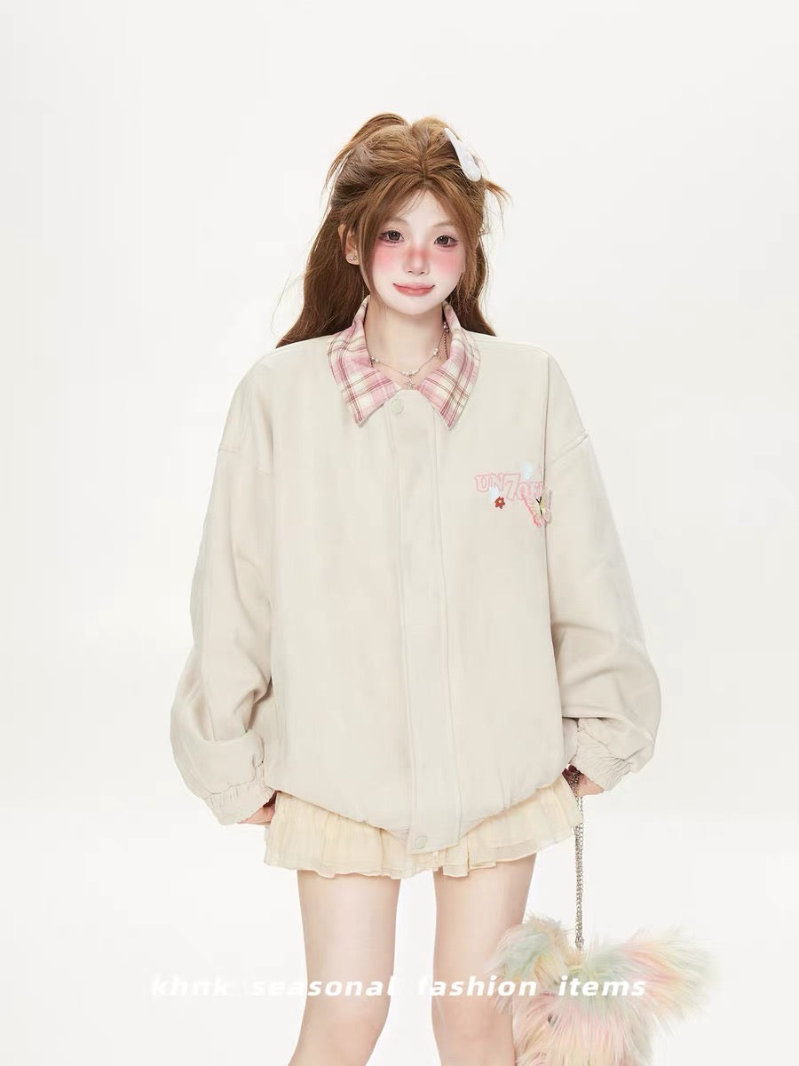 Áo khoác jacket cổ caro hồng