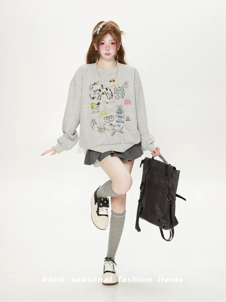 Áo sweater xám hình vẽ cá tính