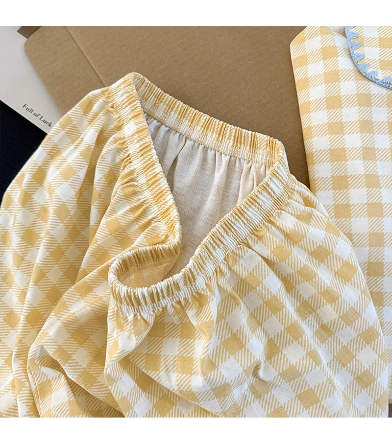 Pijama đùi caro vàng trái táo cotton thoáng mát