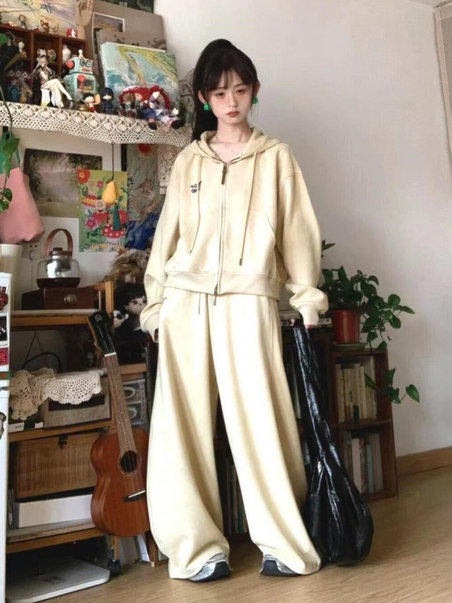 Bộ cotton áo khoác 2 khóa kéo và quần suông