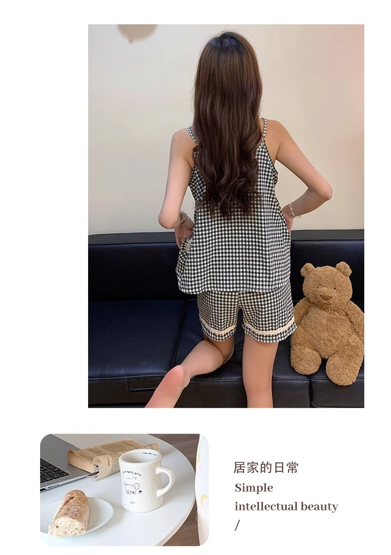 Bộ ngủ 2 dây quần đùi caro trắng đen