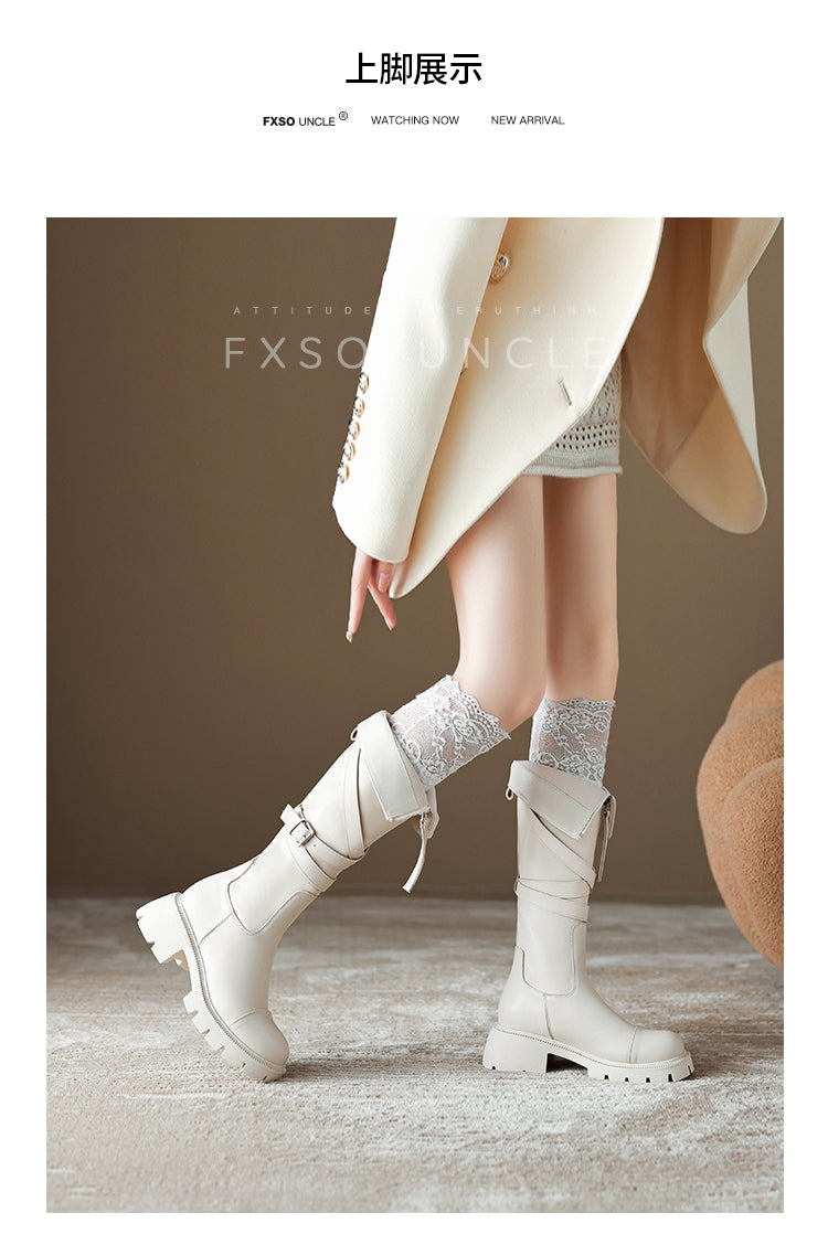Giày boots cao cổ dây chéo khóa kéo trước