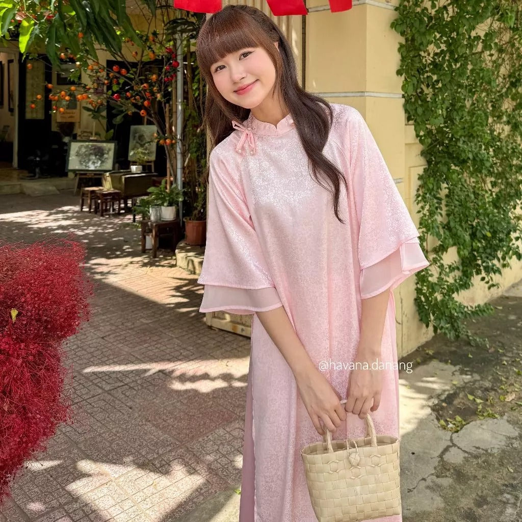 Áo dài gấm vân hoa KHỞI CẦM tay loe 2 lớp phối dây đính cúc ngọc