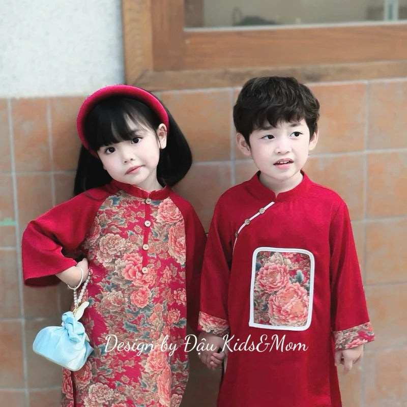 Set cặp bé trai, bé gái Mẫu Đơn chất liệu lụa đũi
