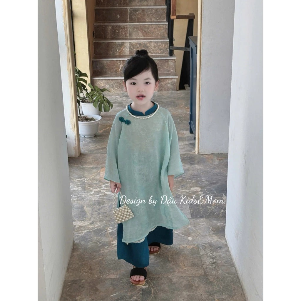 Set áo dài cặp cho bé trai, bé gái Thiên Thanh chất liệu lụa gấm