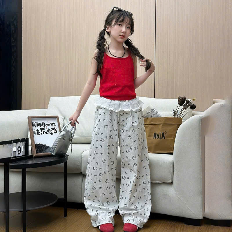 Set áo 2 dây đỏ phối quần trắng ống rộng họa tiết mèo viền ren