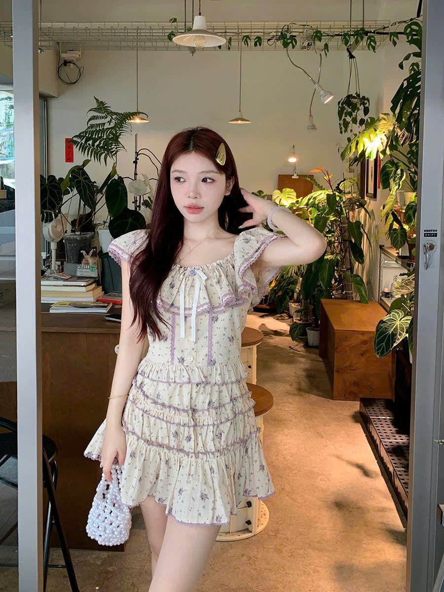 Set áo váy hoa viền ren tím ngọt ngào vintage
