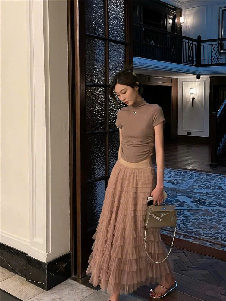 Set áo cổ lọ chân váy voan tầng nữ tính