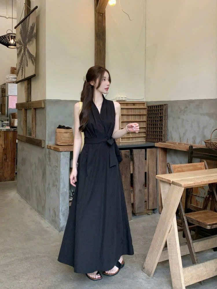 Đầm cổ V cột eo đơn giản mê say