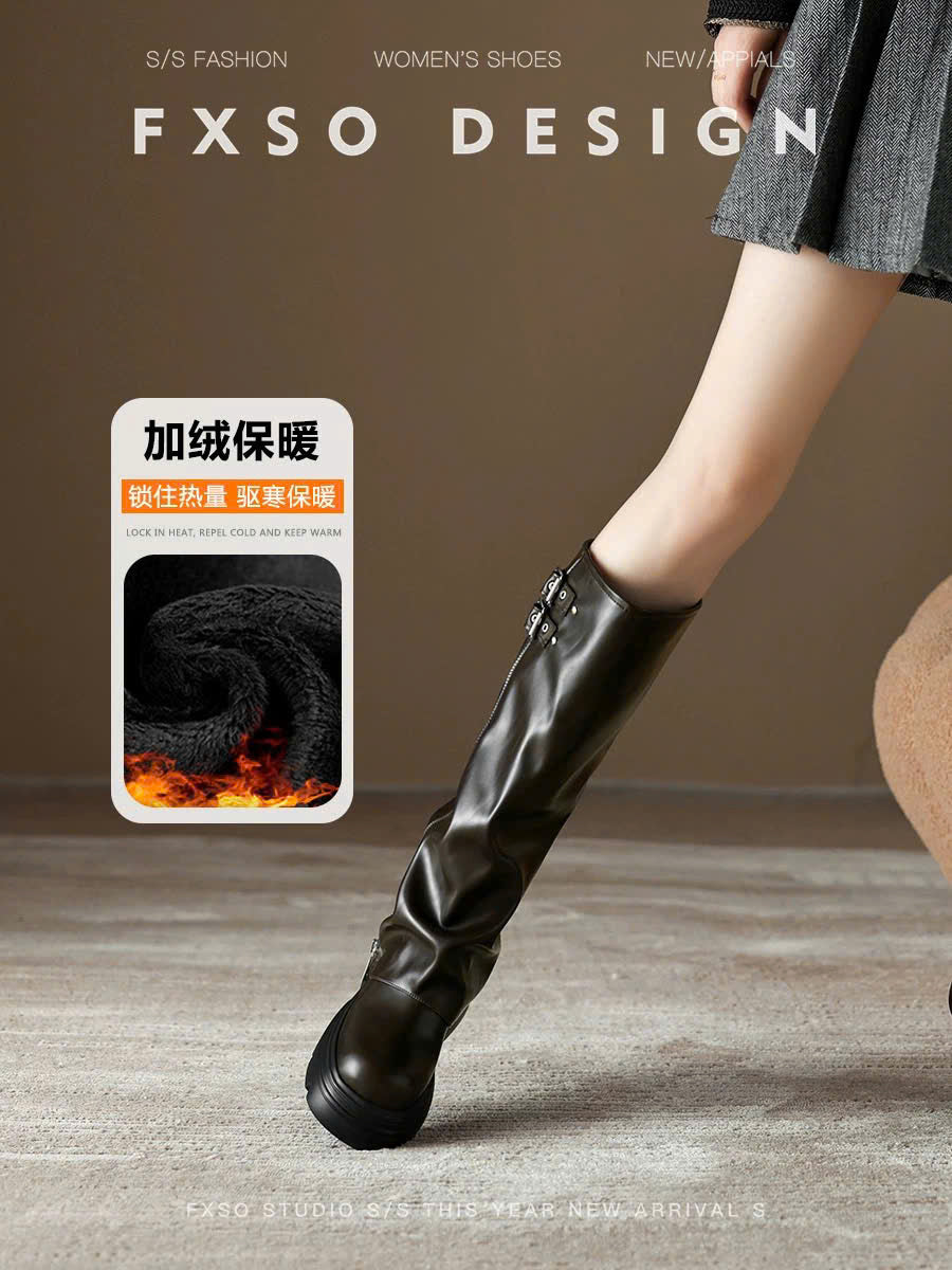 Giày boots da đen ấm chân khóa cài