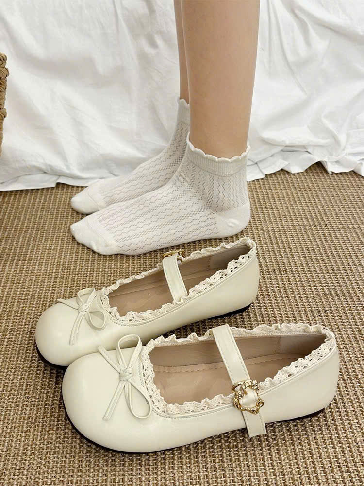 Giày búp bê nơ mũi tròn viền ren tiểu thư