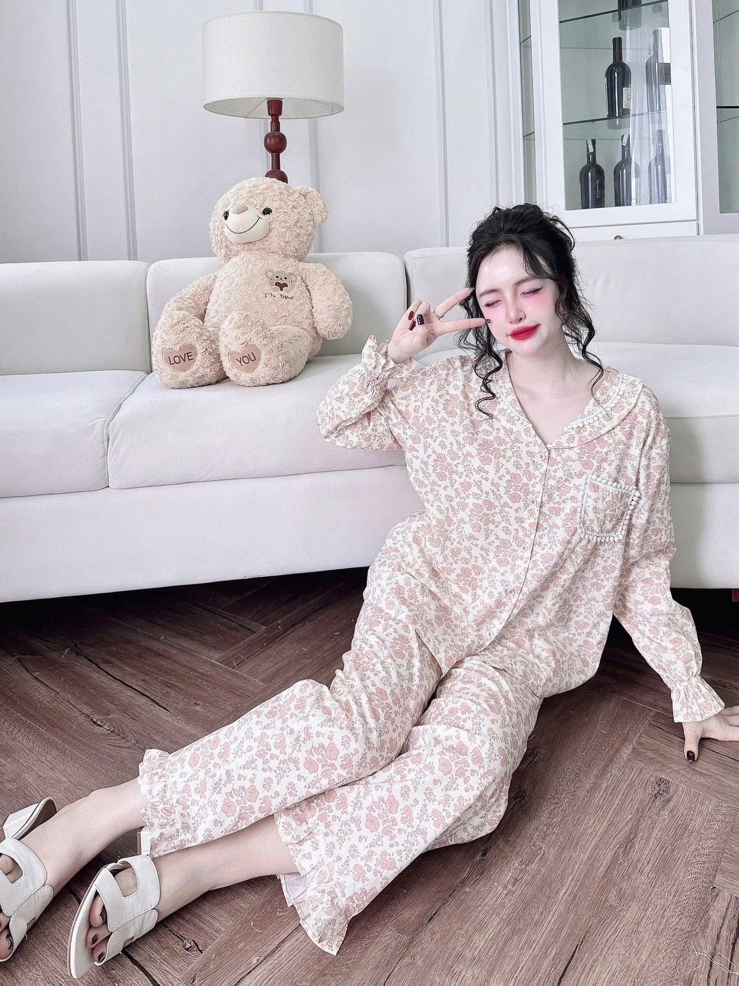 Bộ ngủ dài kate xô QC phối ren