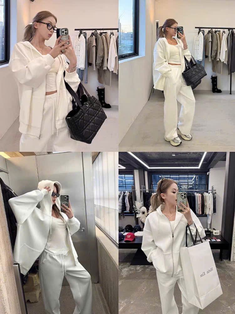 Bộ nỉ áo quần dài mũ trùm khóa kéo trắng - hồng