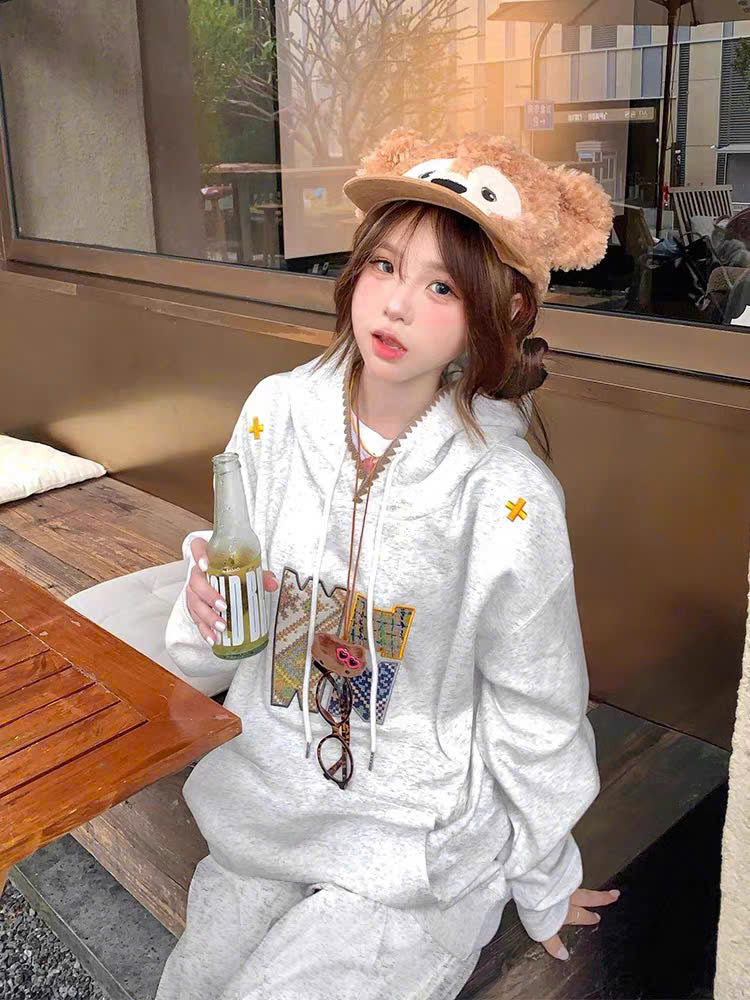 Bộ nỉ hoodie xám tiêu thêu pixel