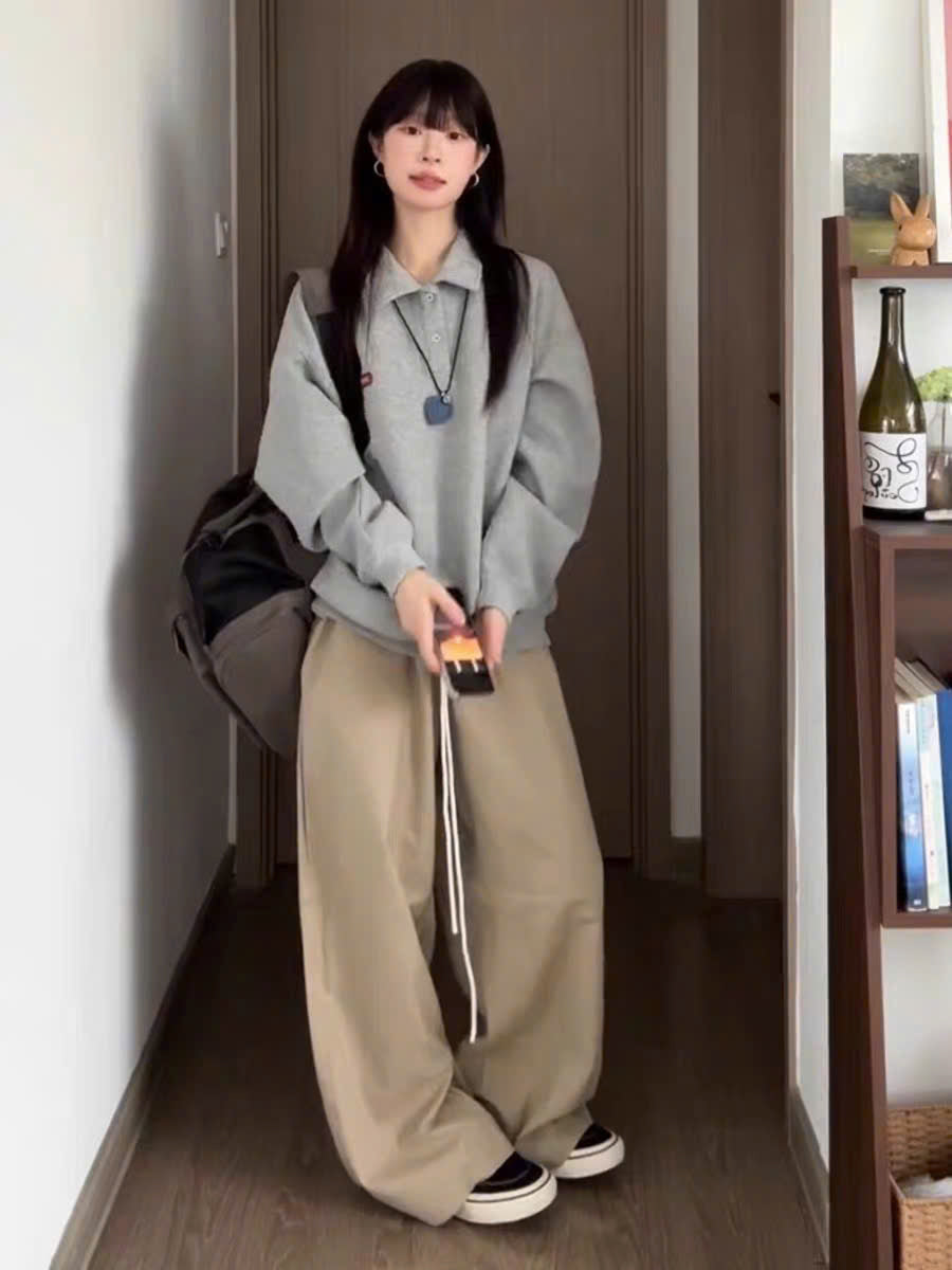 Set áo sweater có cổ và quần suông dây rút