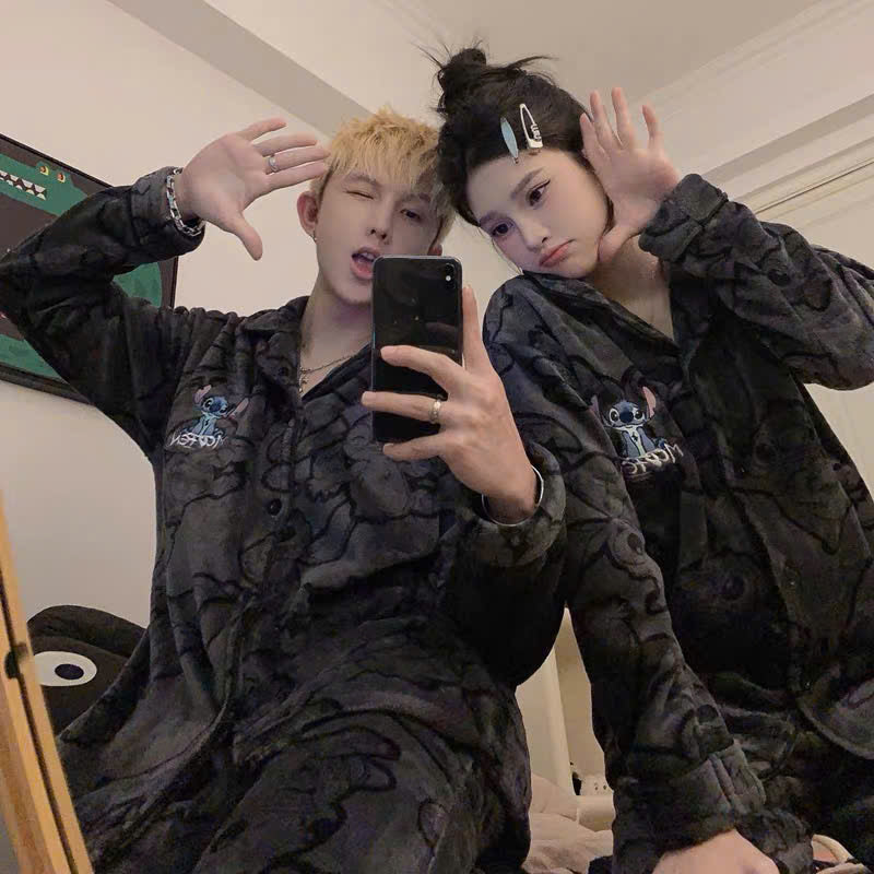 Bộ ngủ pijama lông hồng - đen cho cặp đôi