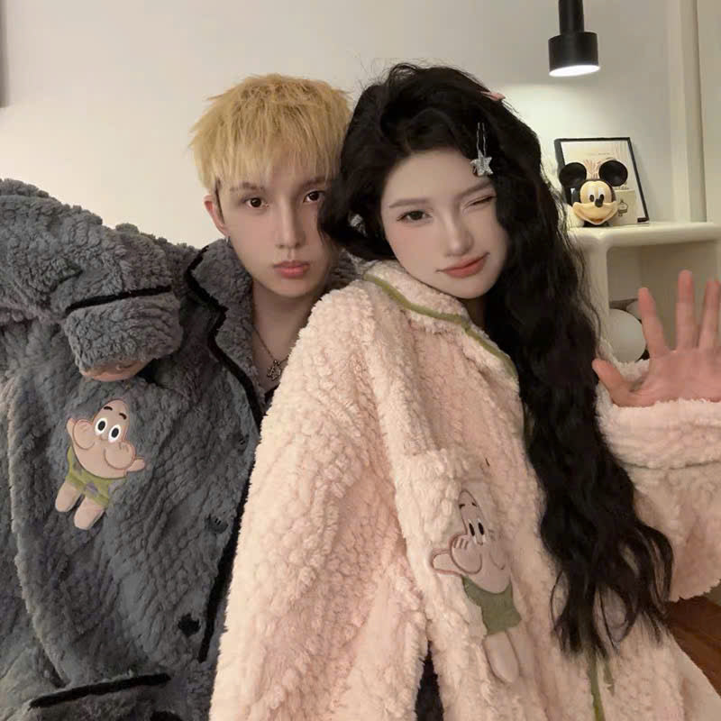 Bộ ngủ pijama lông sao biển xám - hồng cho cặp đôi