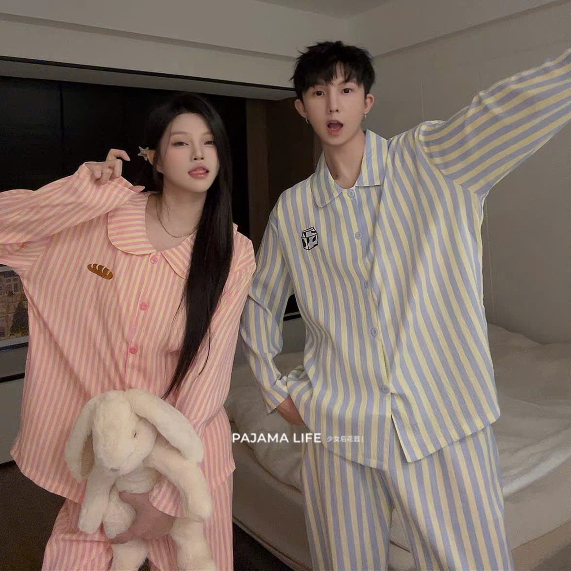 Pijama cặp đôi kẻ sọc xanh vàng - hồng vàng