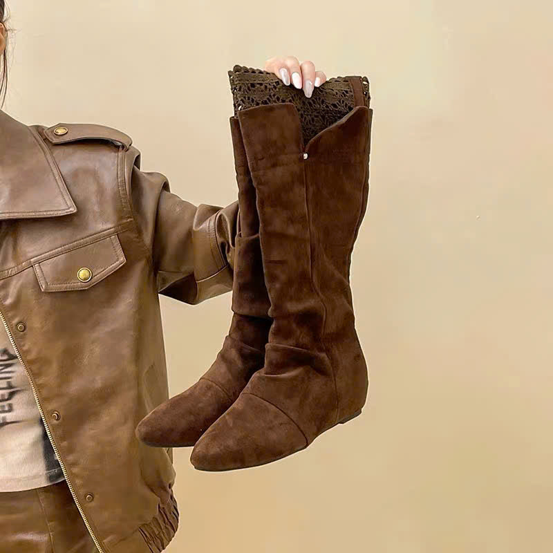 Boots da nhún cổ cao viền ren