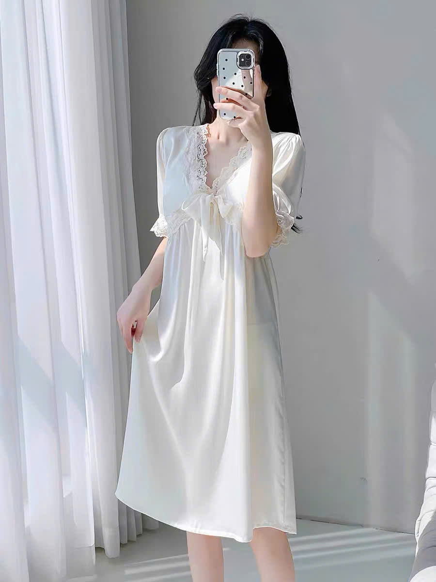 Đầm ngủ lụa ren nơ tiểu thư form suông