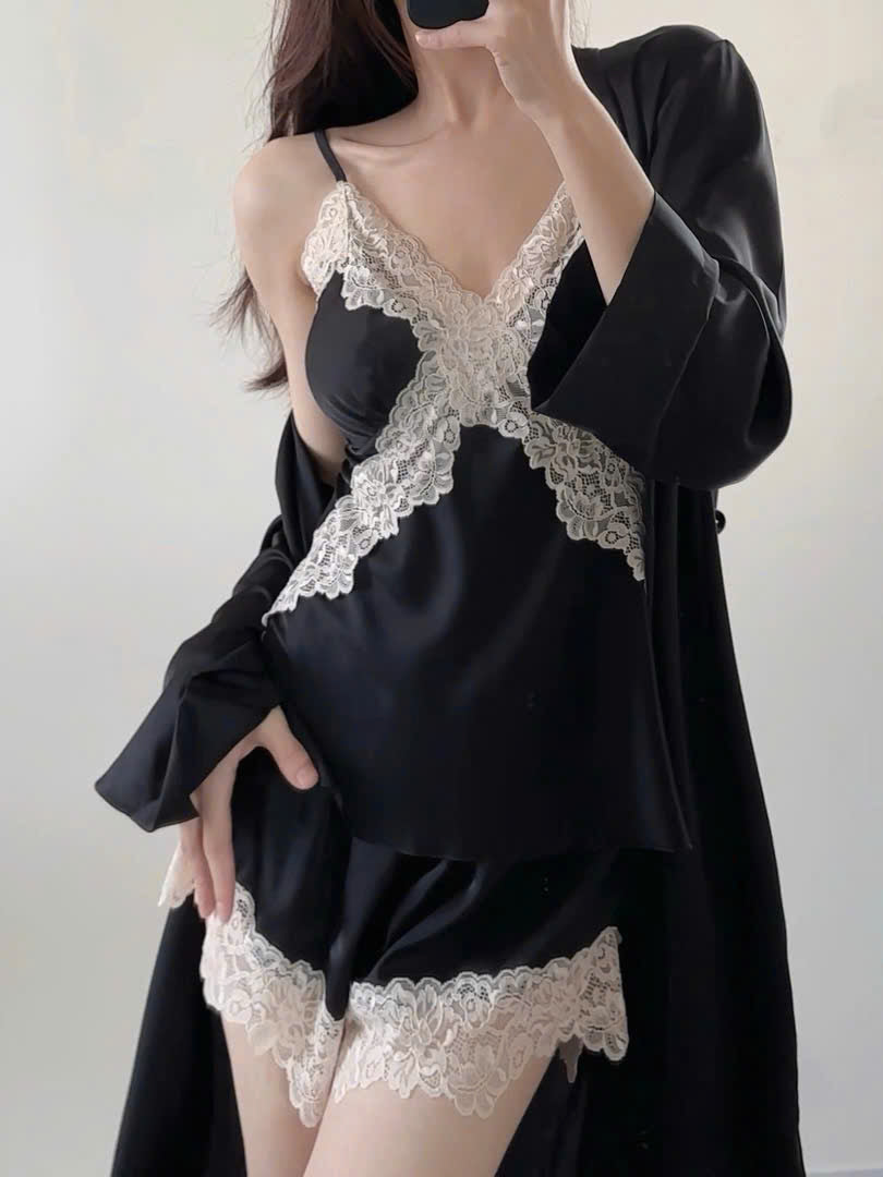 Bộ ngủ đùi 2 dây ren đắp chéo kèm áo choàng