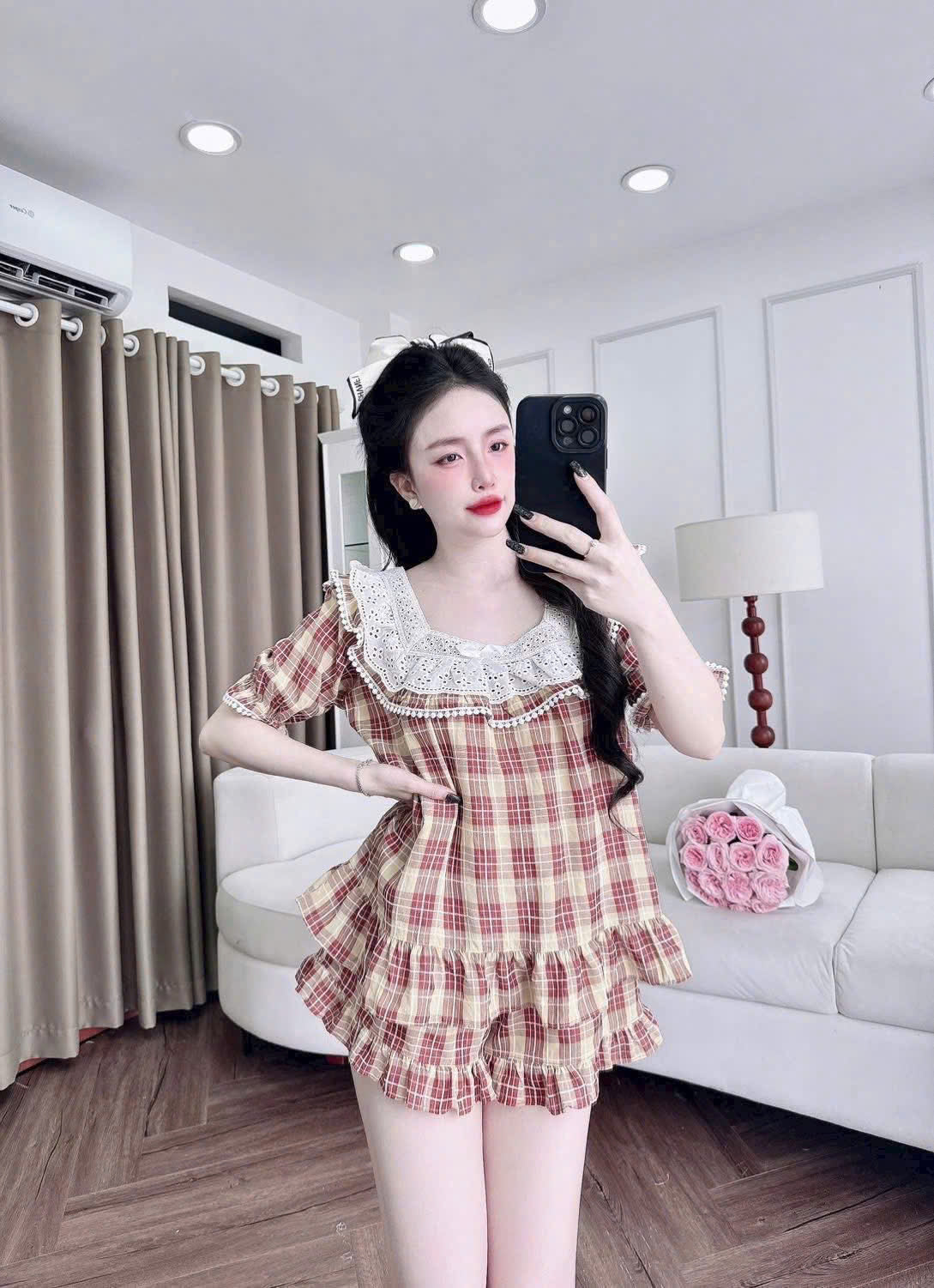 Bộ ngủ đùi caro tiểu thư phối ren