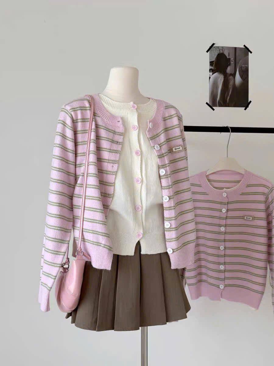 Áo khoác cardigan hồng sọc xanh lá