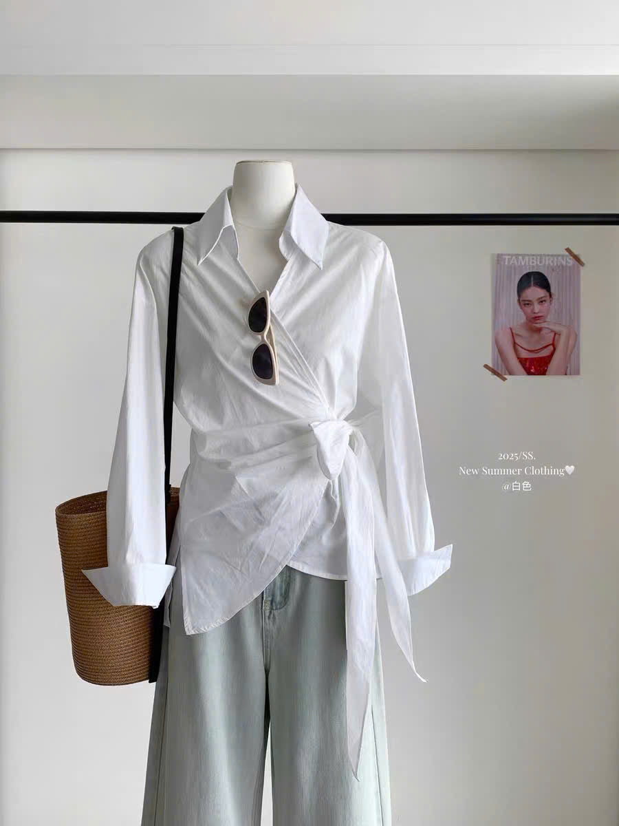 Áo sơ mi vạt chéo cột nơ thanh lịch