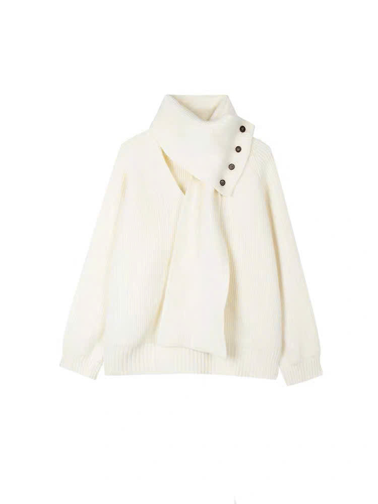 Áo sweater len cổ V đính khăn choàng ấm áp
